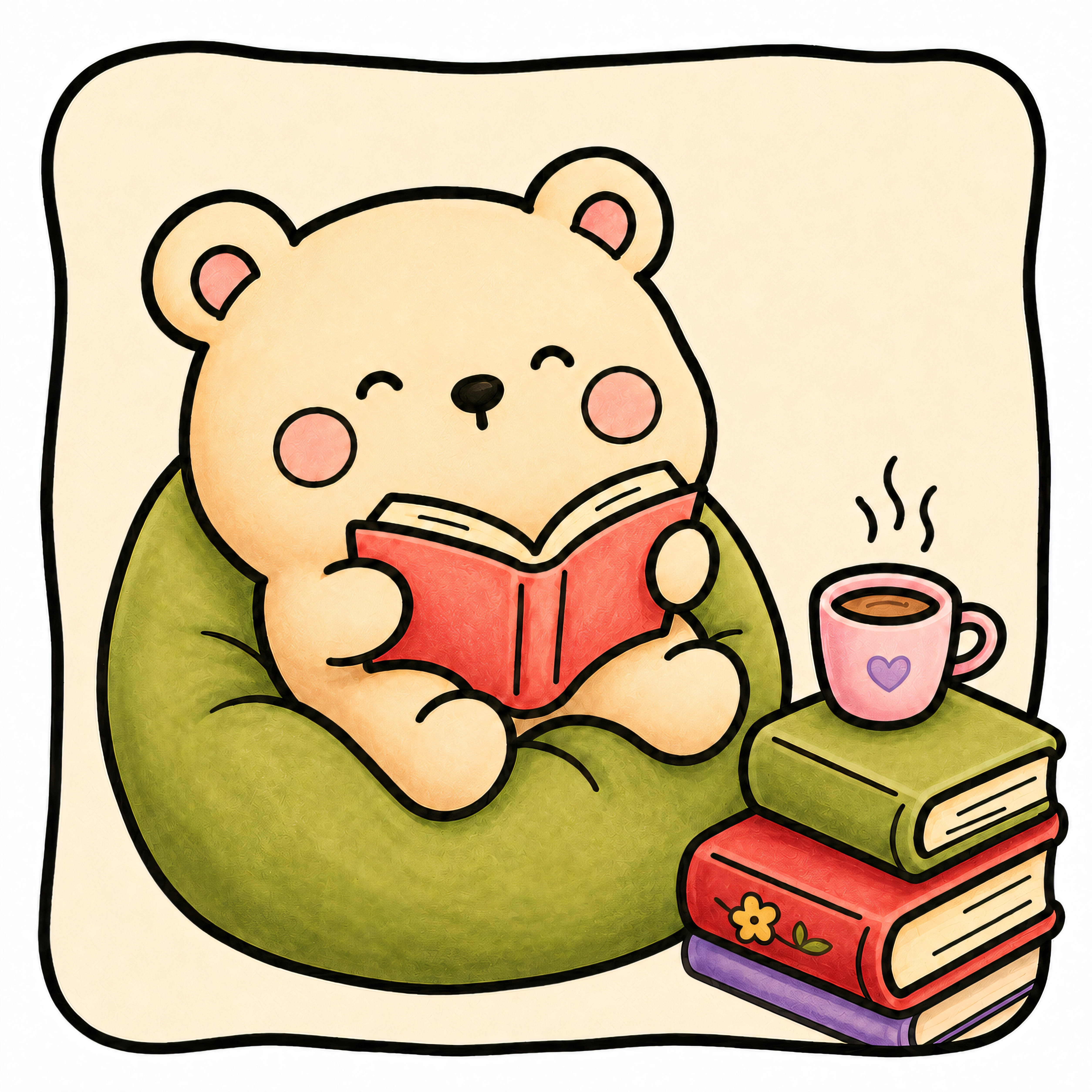 Colored example — a chubby bear reading a red book on a green beanbag, with tea and a stack of books