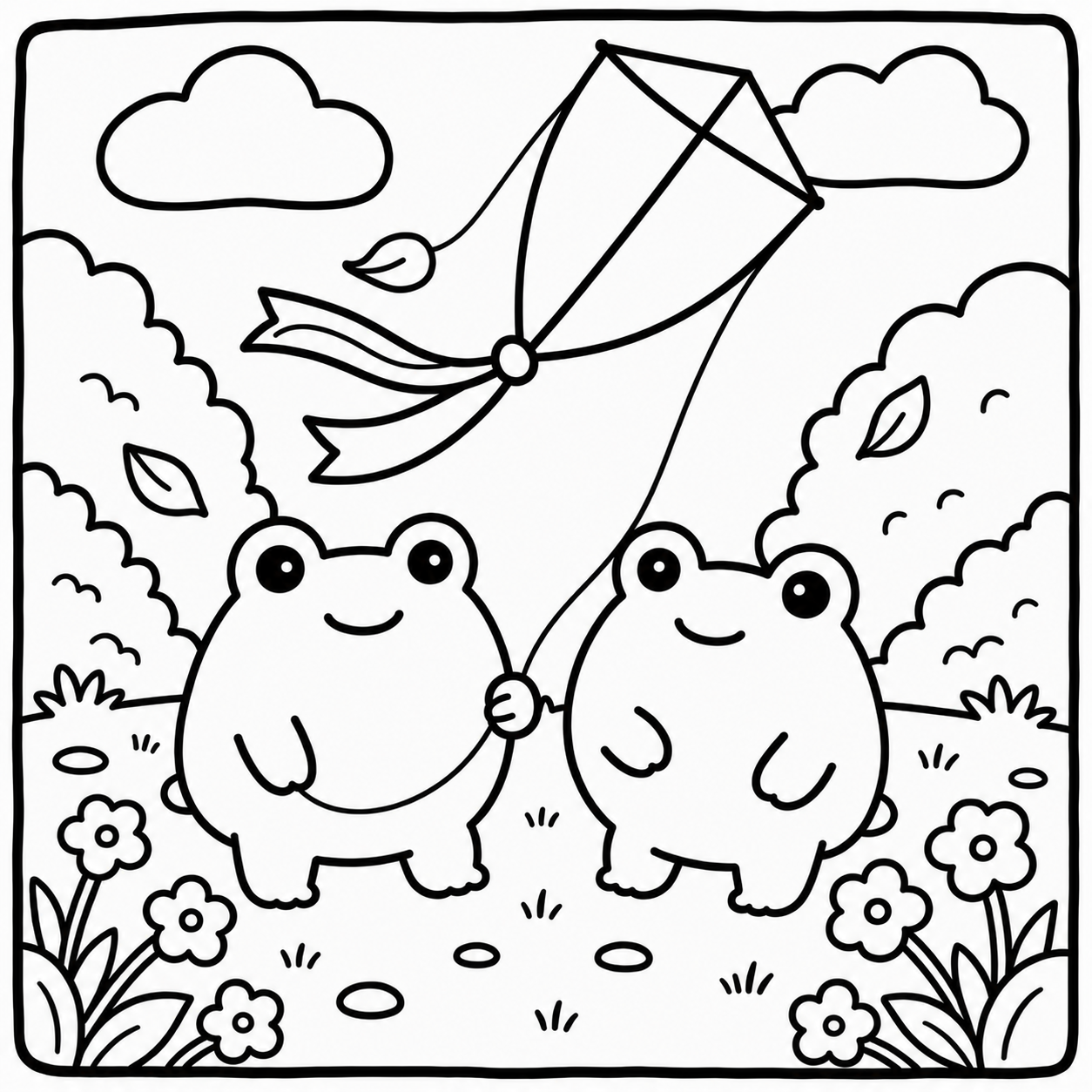 Interior page — line art of two tiny frogs flying a kite in a flower meadow